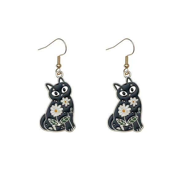 Jewelry - Black Cat With Flower Print Enamel Dangle Earrings